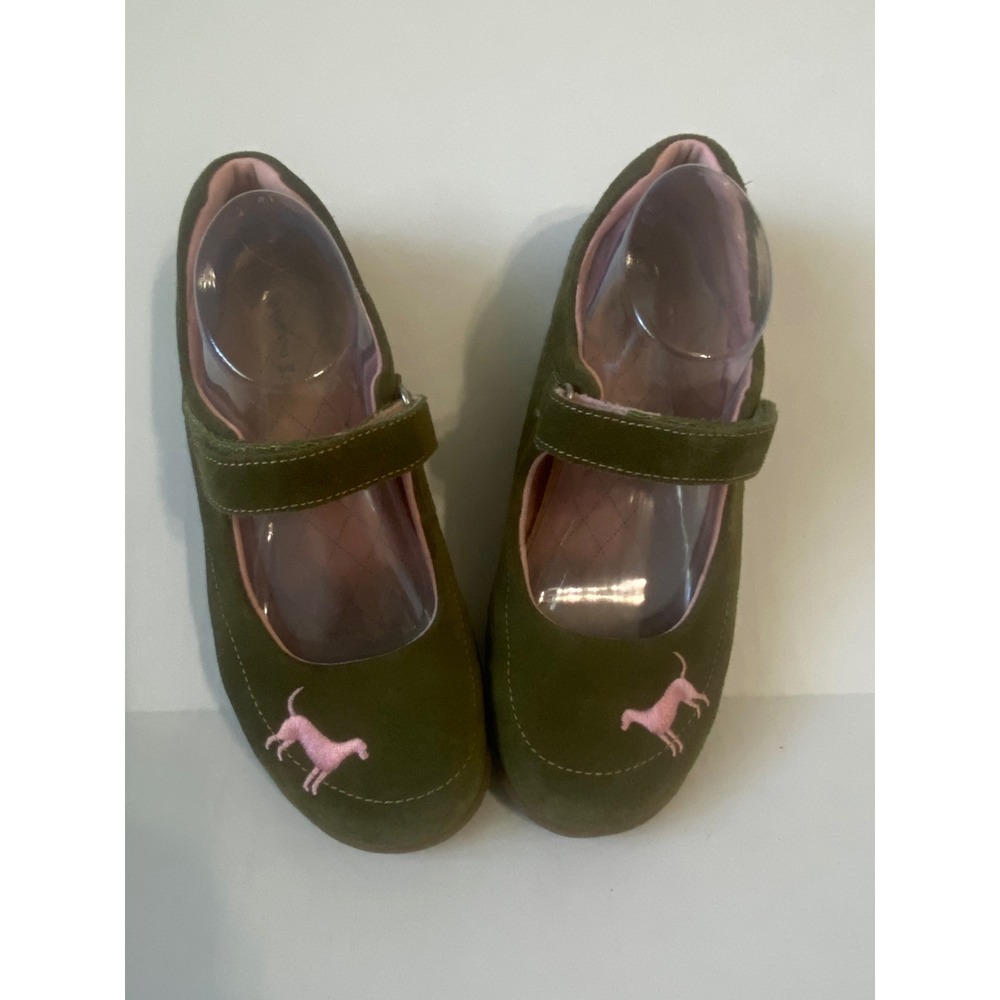 Lands End Girls Olive Green Suede Mary Jane Flats Pink Dog Size 6M 380963